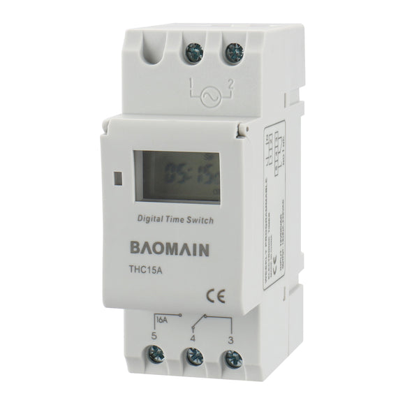 Baomain Programmable Timer Switch Relay THC15A Digital LCD Power 12V/24V/110V/220V 16Amp SPST Support 17-times Daily Weekly Program