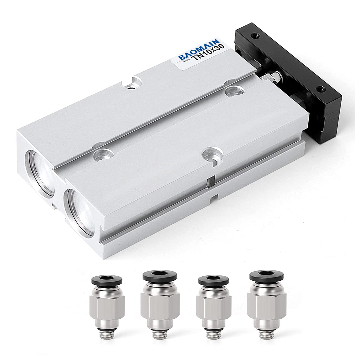 BAOMAIN Pneumatischer Luftzylinder TN10-30 10 mm (0,4 Zoll) Bohrung 30 mm (1,2 Zoll) Hub Doppelstange Doppeltwirkend Aluminium mit 4 Armaturen