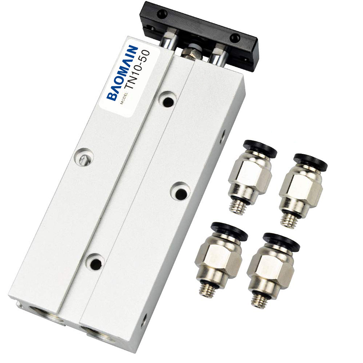 BAOMAIN Pneumatischer Luftzylinder TN10-50 10mm (0,4") Bohrung, 50mm (2") Hub Doppelstange Doppeltwirkend Aluminium mit 4 Armaturen