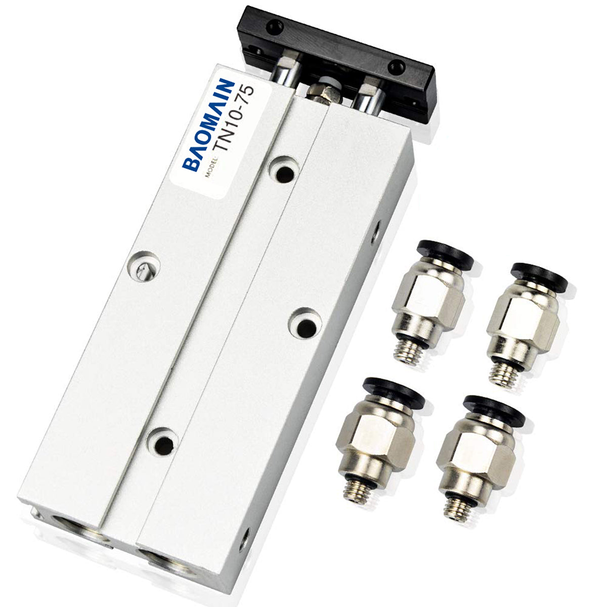 BAOMAIN Pneumatischer Luftzylinder TN10-75 10mm (0,4") Bohrung, 75mm (3") Hub Doppelstange Doppeltwirkend Aluminium mit 4 Armaturen