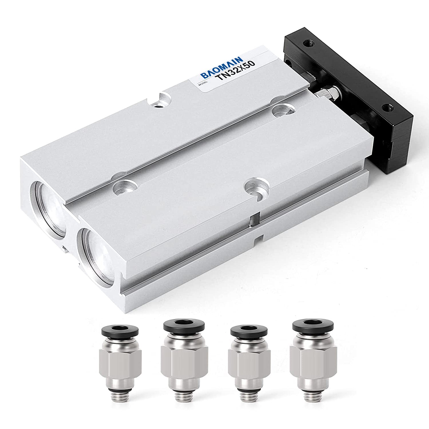 BAOMAIN Pneumatischer Luftzylinder TN32-50 32mm Bohrung, 50mm (2") Hub Doppelstange Doppeltwirkend Aluminium mit 4 Armaturen