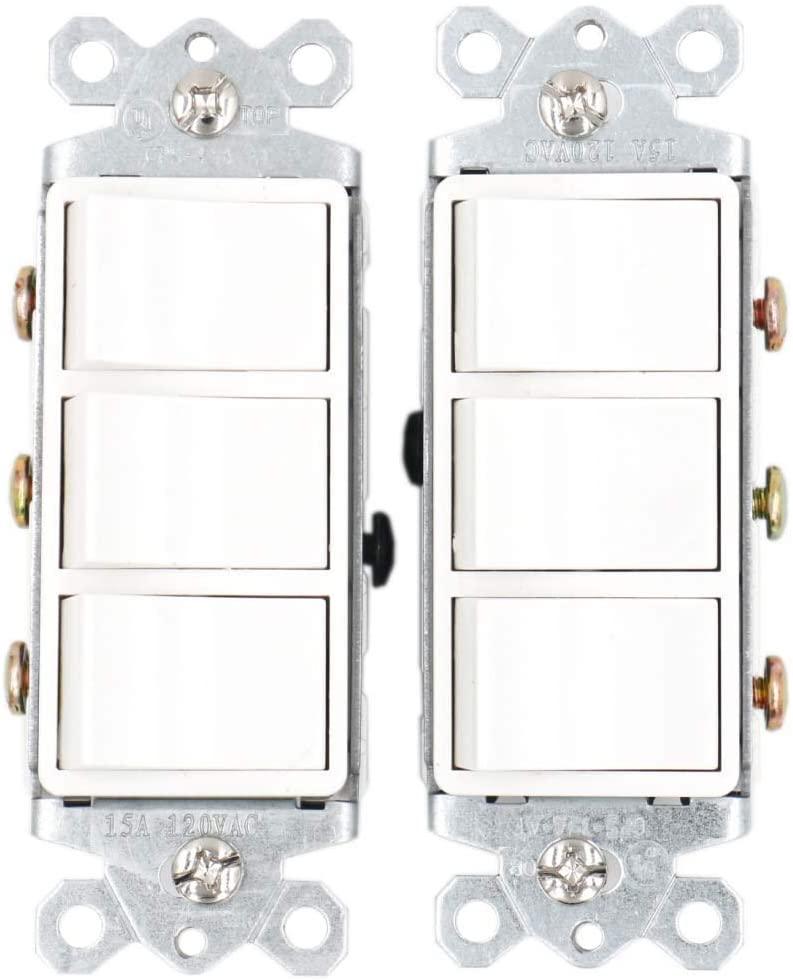 Triple Three-Function Rocker Switch Commercial Grade 15 Amp 120 Volt UL&CUL White Pack of 2 - BAOMAIN