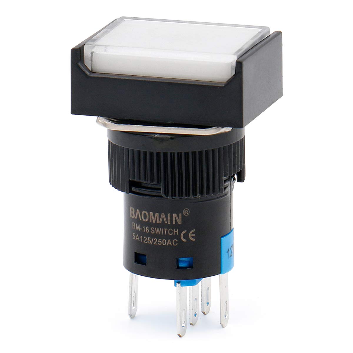 Baomain 16mm White Momentary Push Button Switch Rectangular Cap White LED Lamp SPDT 5 Pin Pack of 5 - BAOMAIN