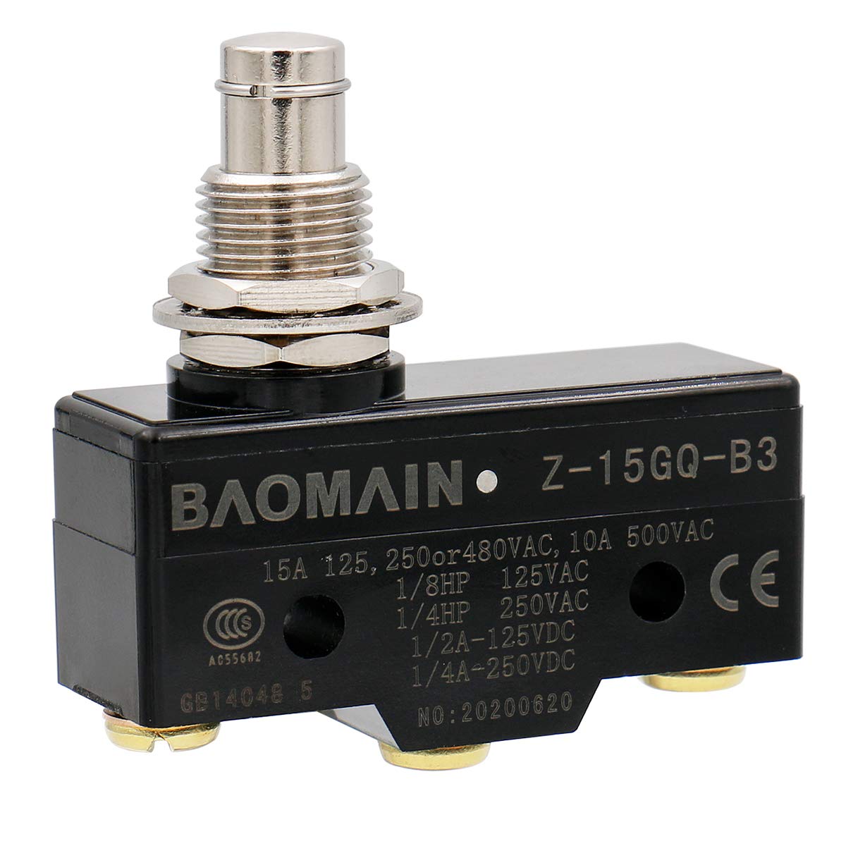 Baomain Z-15GQ-B General Purpose Basic Switch, Panel Mount Plunger, Medium OP, Screw Terminal, 0.5mm Contact Gap, 15A Rated Current - BAOMAIN