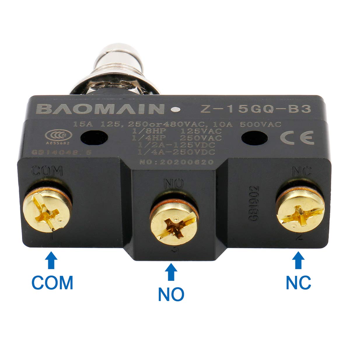 Baomain Z-15GQ-B General Purpose Basic Switch, Panel Mount Plunger, Medium OP, Screw Terminal, 0.5mm Contact Gap, 15A Rated Current - BAOMAIN