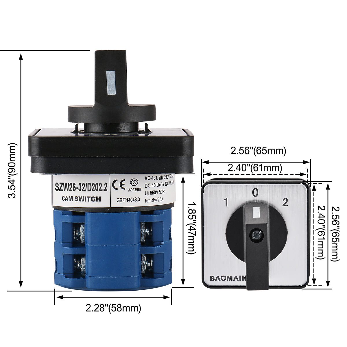 Baomain Rotary Universal Changeover Switch SZW26-32/D202.2 660V 32A 1-0-2 3 Positions 8 terminals 2 Phase Latching Function