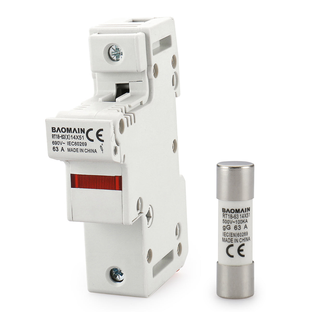 Baomain Zylindrischer Sicherungshalter RT18-63(X) 14 mm x 51 mm Sicherungssockel, einpolig, DIN-Schienenmontage, CE-gelistet (5 Stück Sicherungen)
