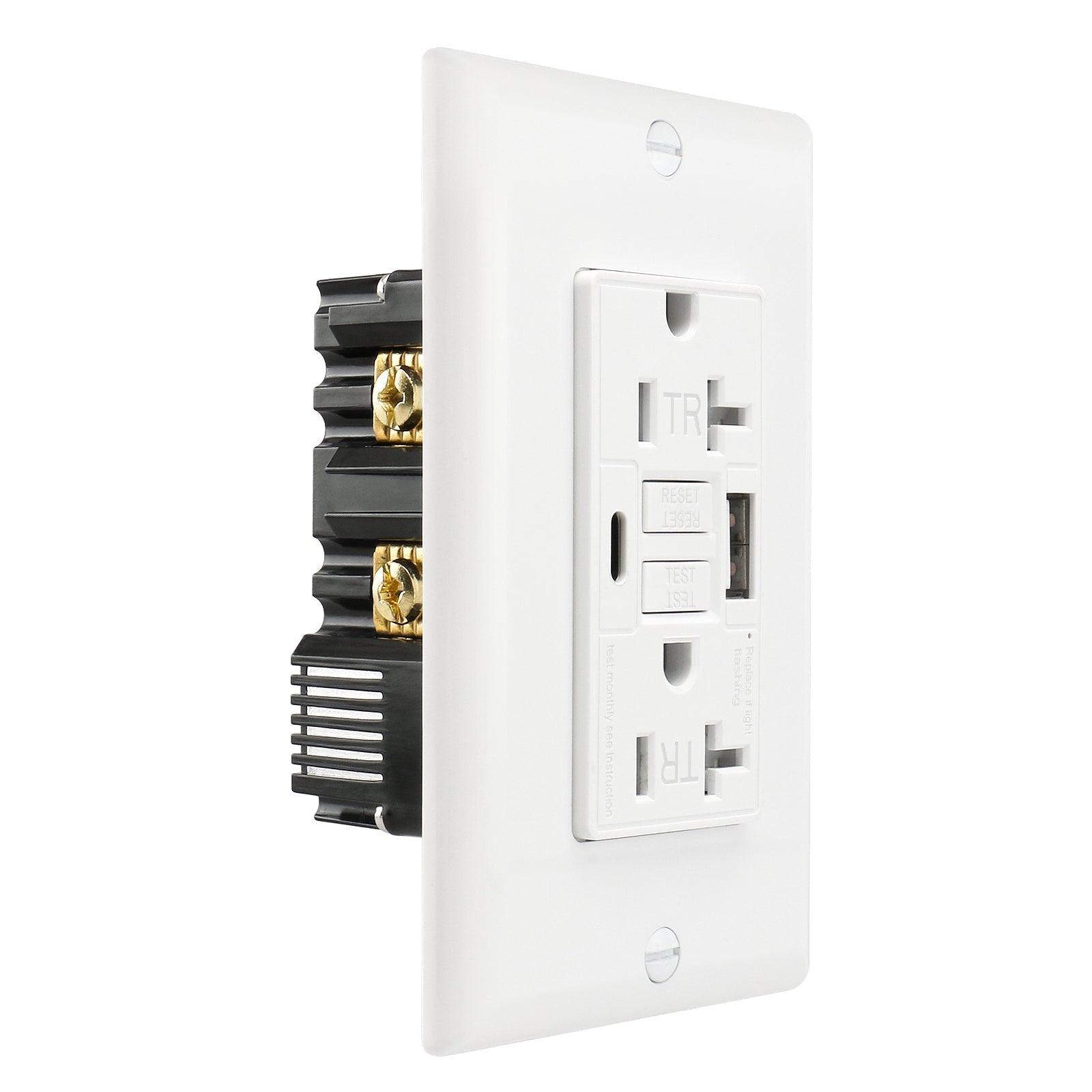 Close-up of a modern home electrical outlet with GFCI and AFCI testing and reset buttons, highlighting the safety features to prevent electrical shocks and fires, used in residential electrical safety applications