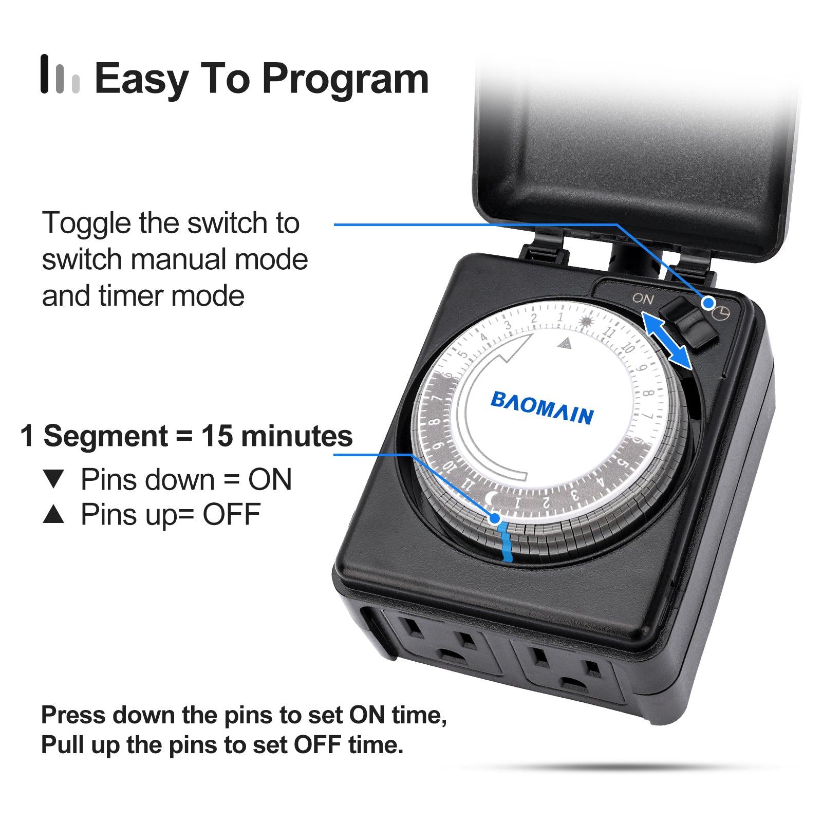 Analog timer switch with dial for setting ON/OFF time intervals, featuring PIN controls and easy manual mode switching