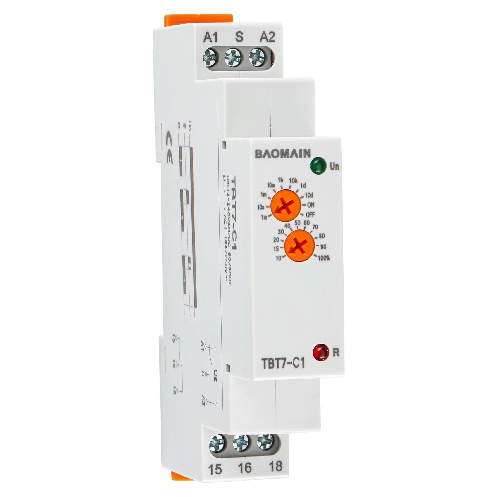 Wiring diagram for Baomain TBT7 DIN-rail timer relays, showing connections for A1, A2, and load with control and load details.