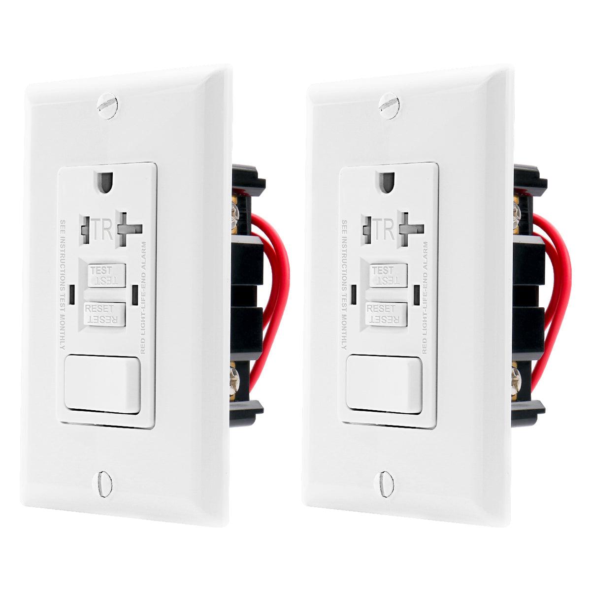 Close-up of a modern home electrical outlet with GFCI and AFCI testing and reset buttons, highlighting the safety features to prevent electrical shocks and fires, used in residential electrical safety applications.