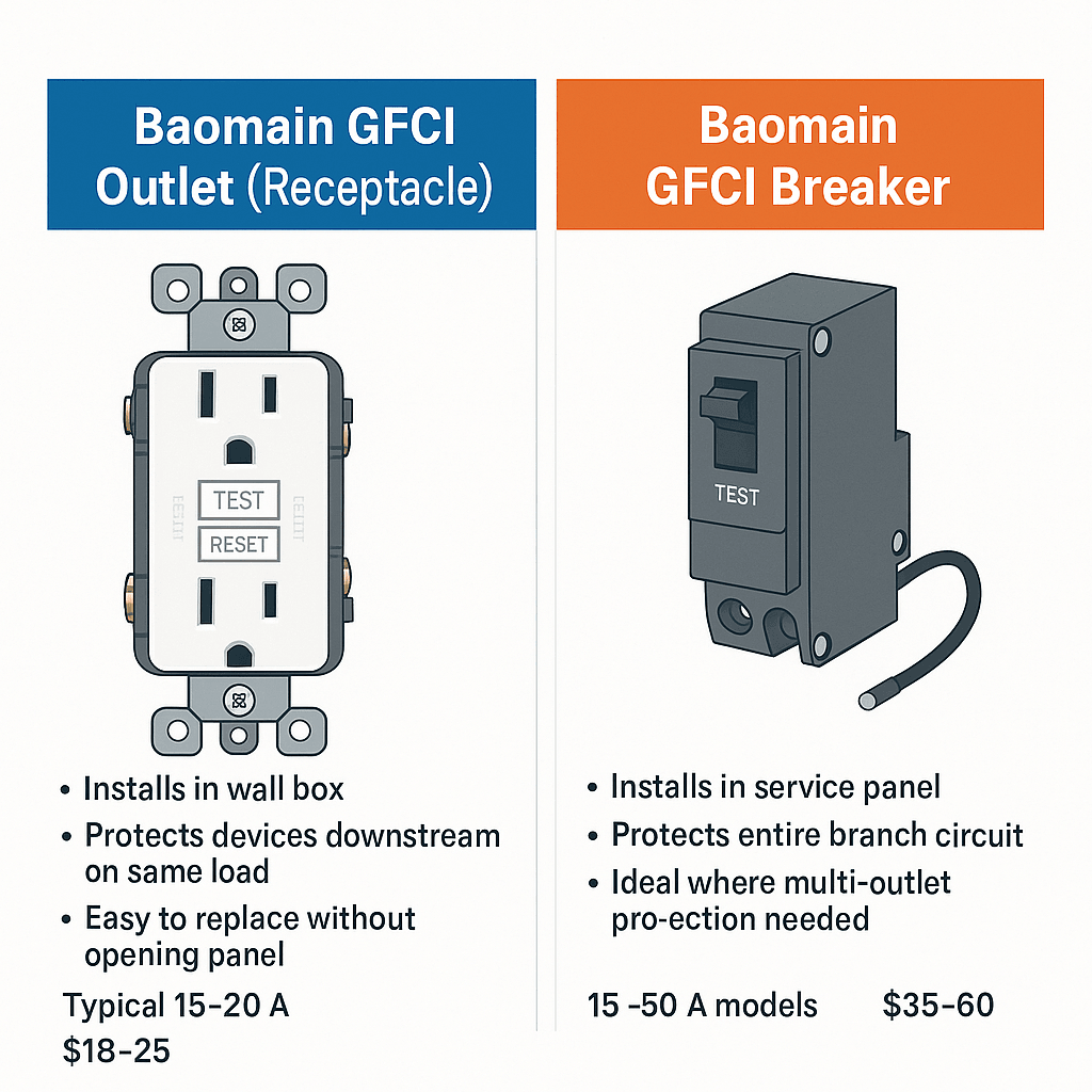 Infographic comparing Baomain GFCI outlet receptacle and Baomain GFCI breaker—installation location, protection range, amperage, and price.