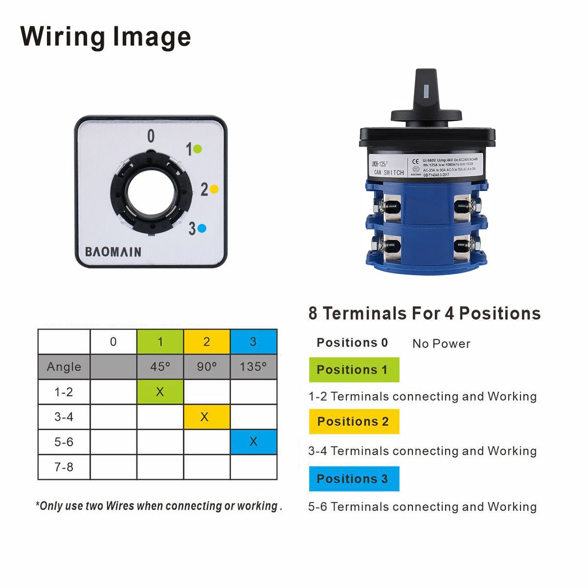 Baomain Rotary Cam Changeover Switch SZW26-125/0-3.2 660V 125A 4 Postion 8 terminals Cam Switch CE