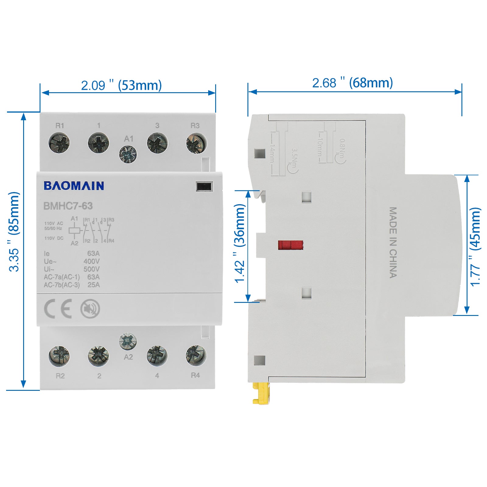 Baomain DC/AC Modular contactor 63A DC/AC12V/24V/110V/220V 4 Pole Circuit Control 35mm DIN Rail BMHC7-63