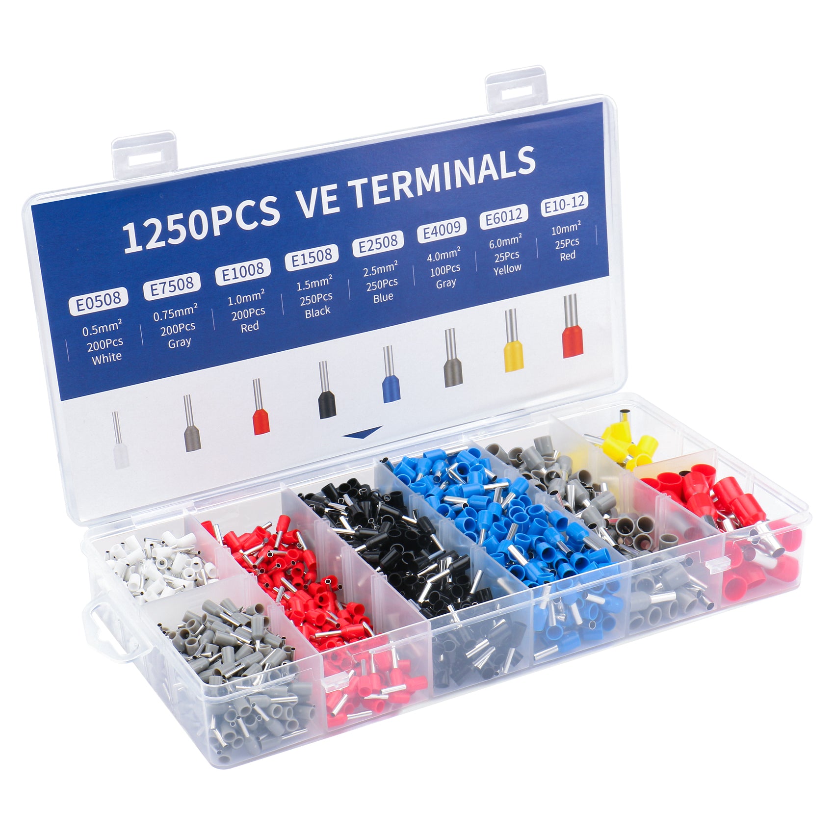 Baomain 1250-teiliges Draht-Kupfer-Crimp-Steckverbinder-Set AWG 22/20/18/16/14/12/10/8 Verschiedene isolierte Aderendhülsen-Stiftkabel-Endklemmen-Set Weiß Grau Rot Schwarz Blau Gelb 