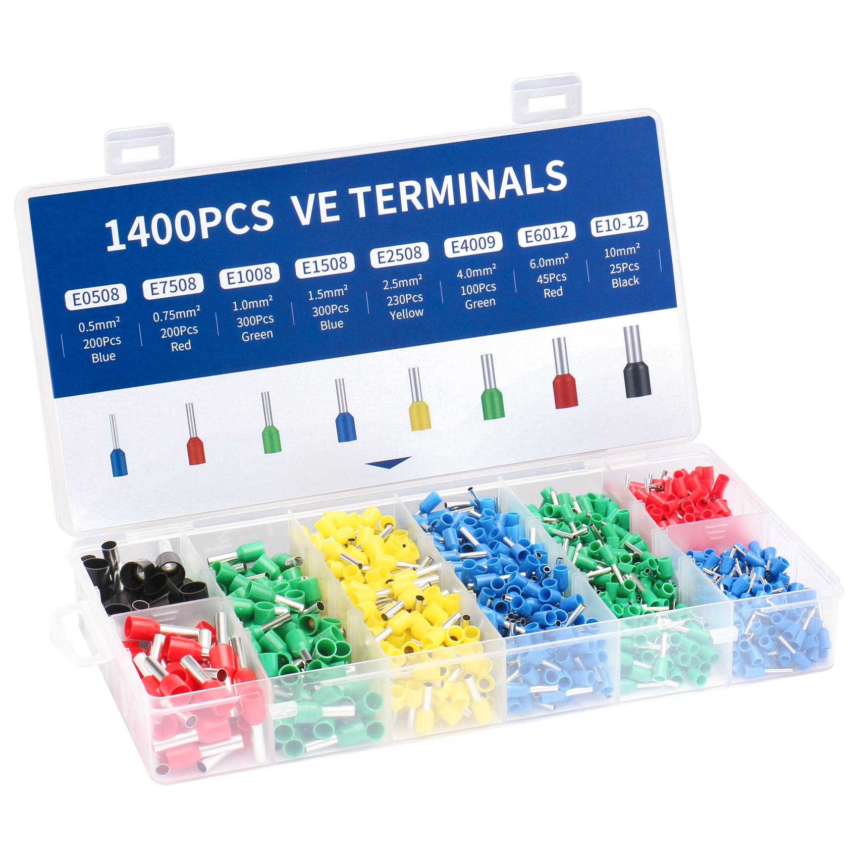 Baomain 1400-teiliges Draht-Kupfer-Crimp-Steckverbinder-Set AWG 22/20/18/16/14/12/10/8 Verschiedene isolierte Aderendhülsen-Stiftkabel-Endklemmen-Set Grün Rot Schwarz Blau Gelb