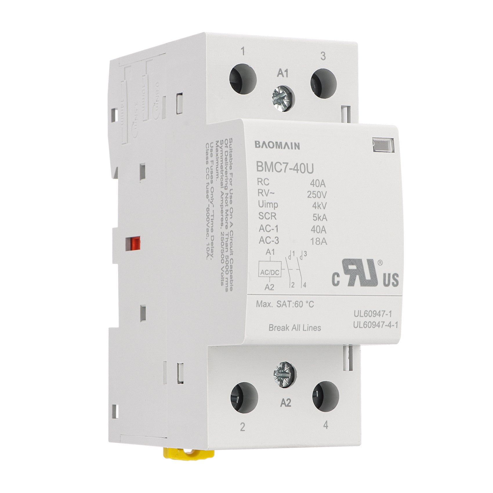 Baomain 2NO AC/DC Household Contactors, 40A 2P Modular Contactor, 2 Poles Normally Open, DIN Rail Mount, UL Listed (BMC7-40U)