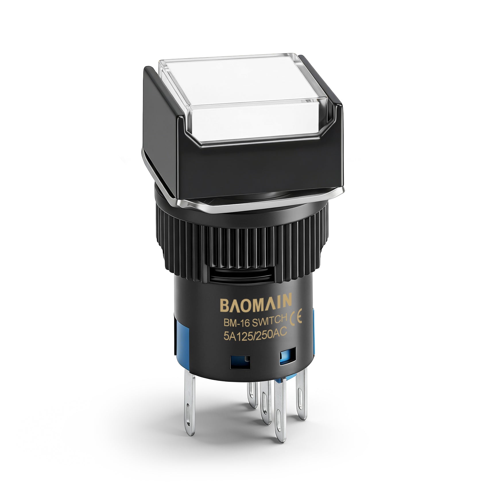 Baomain 16mm Momentary Push Button Switch Square Cap White LED Lamp 12V/24V/110V/220V SPDT 5 Pin Pack of 5