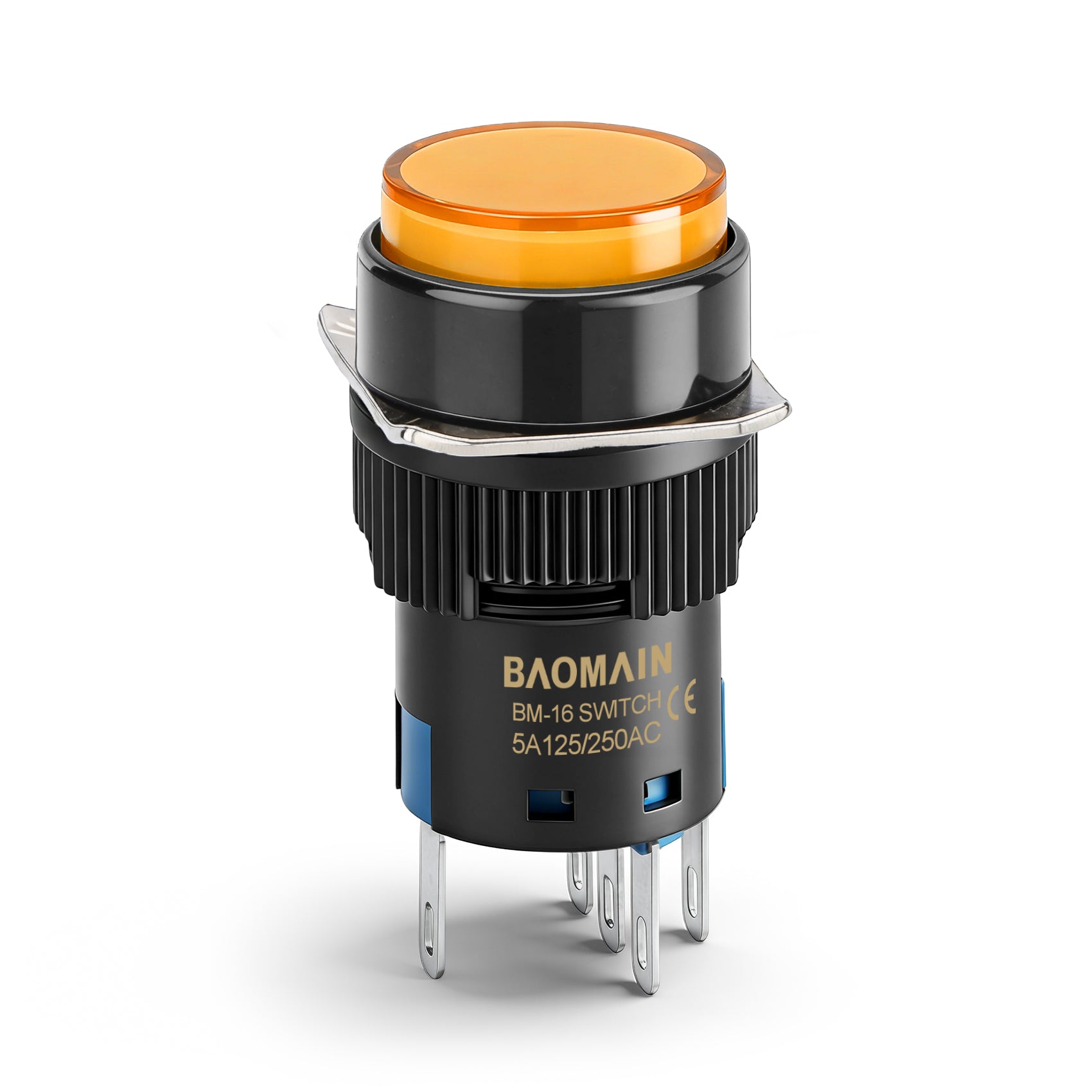 Baomain 16mm Orange Latching/Maintained Push Button Switch Round Cap 12V/24V/110V/220V Orange LED Lamp SPDT 5 Pin Pack of 5