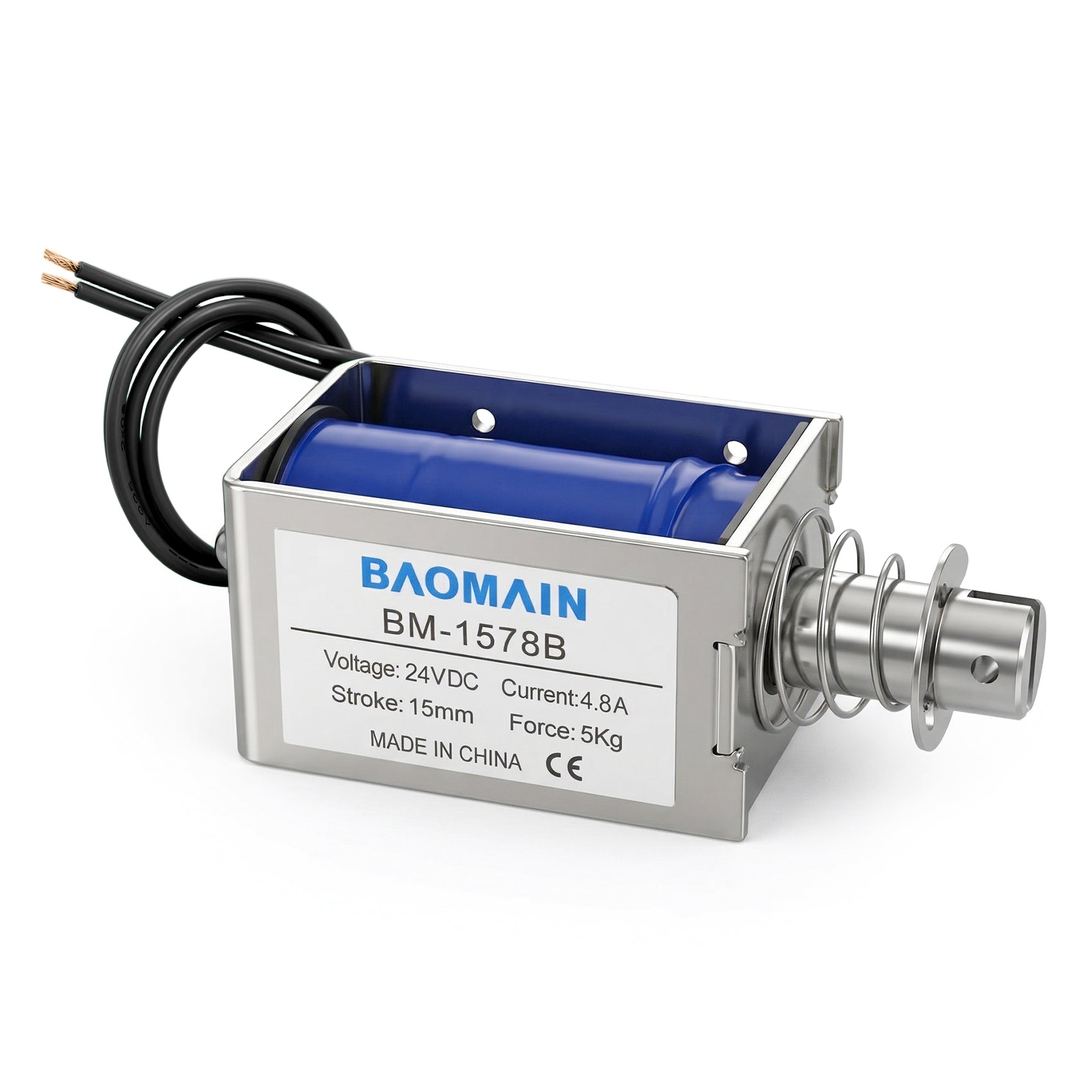 Baomain 15mm Open Frame Linear Actuator Electromagnet Solenoid BM-1578B DC 24V 4.8A 5Kgf 50N Push Pull Force