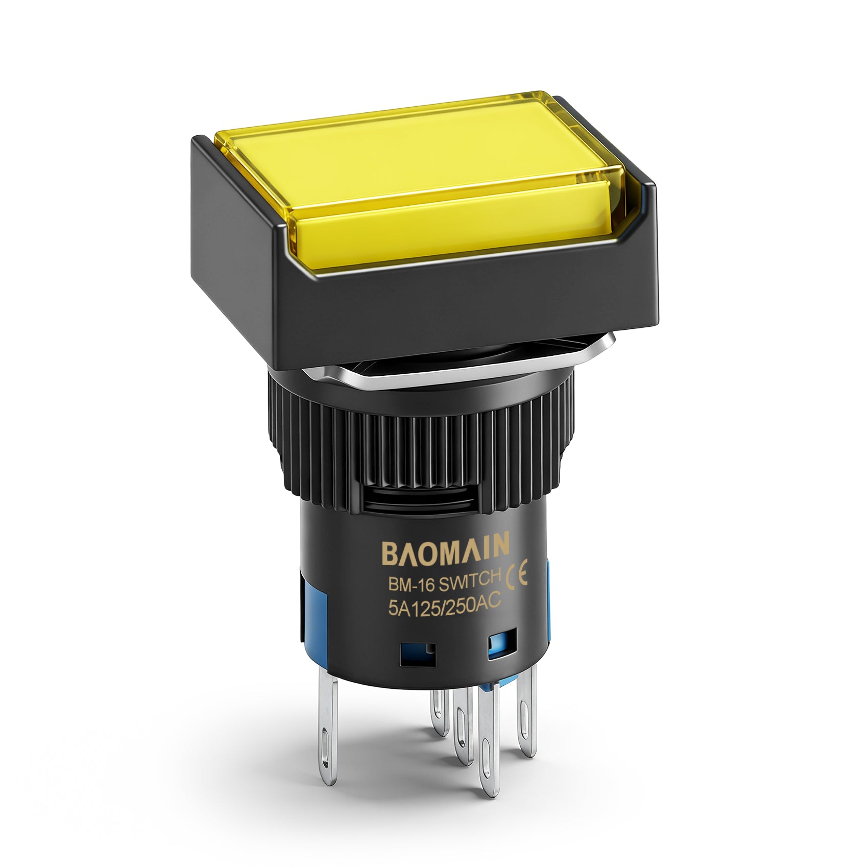 Baomain 16mm Yellow Latching/Maintained Push Button Switch Rectangular Cap Yellow LED Lamp SPDT 5 Pin Pack of 5