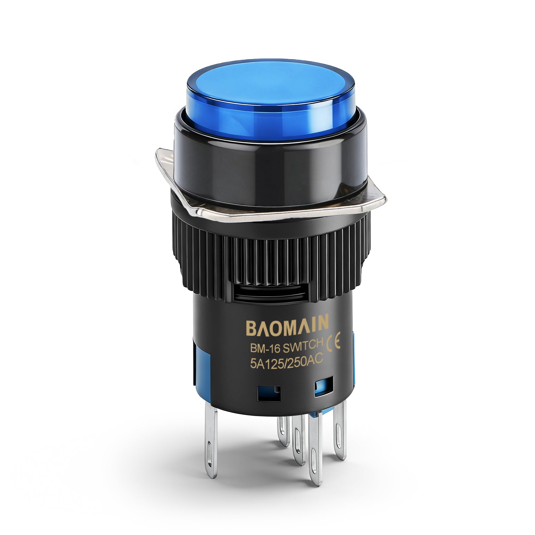 Baomain 16mm Round Momentary Blue Push Button Switch 12V/24V/110V/220V Blue LED Lamp SPDT 5 Pin Pack of 5