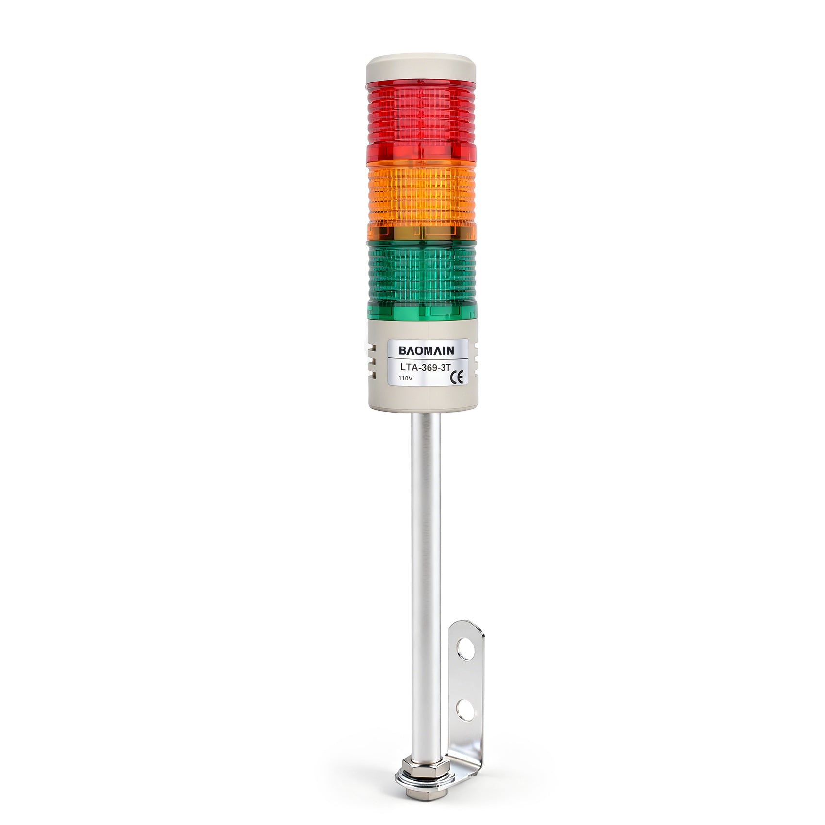 Baomain LED Signal Tower Stack Lights with Buzzer, 12V/24V/110V/220V 3-Layer Tower Lamp, Red/Yellow-Flashing, Green Continuous Warning Light,  LTA-369−3J