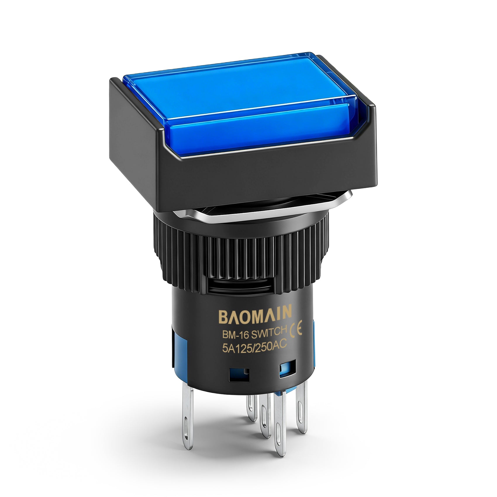 Baomain 16mm Blue Momentary Push Button Switch Rectangular Cap 12V/24V/110V/220V Blue LED Lamp SPDT 5 Pin Pack of 5