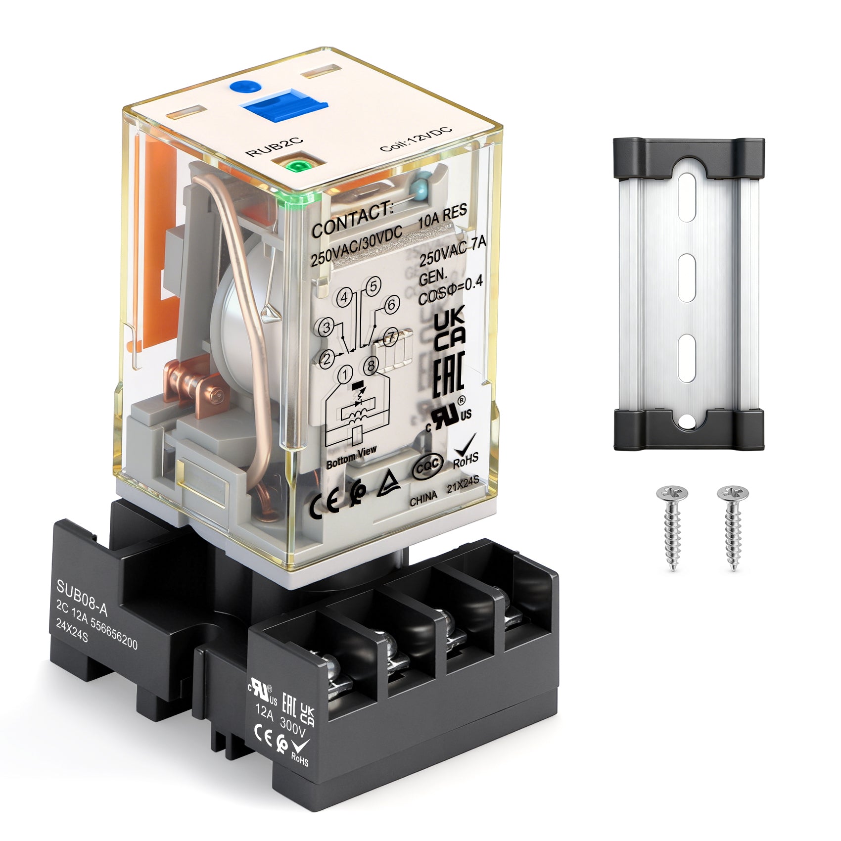 Baomain MK2P-I/JTX-2C Type Electromagnetic Power Relay with Socket and DIN Rail,12V DC Coil,8-Pin DPDT 2NO 2NC 10A,LED Indicator,Test Button,UL Certification, RUB2C2012LT-12VDC