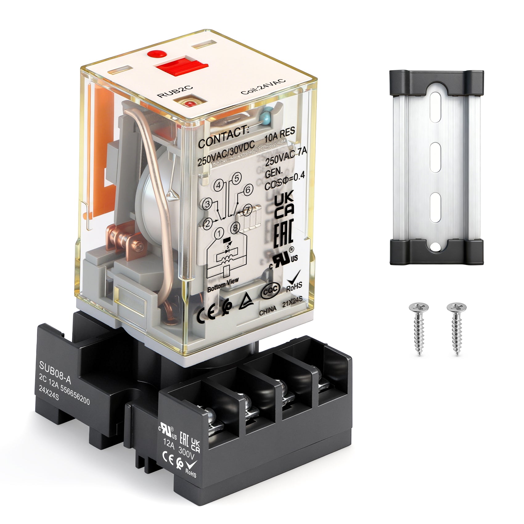 Baomain MK2P-I/JTX-2C Type Electromagnetic Power Relay with Socket and DIN Rail,24V AC Coil,8-Pin DPDT 2NO 2NC 10A,LED Indicator,Test Button,UL Certification, RUB2C2524LT-24VAC