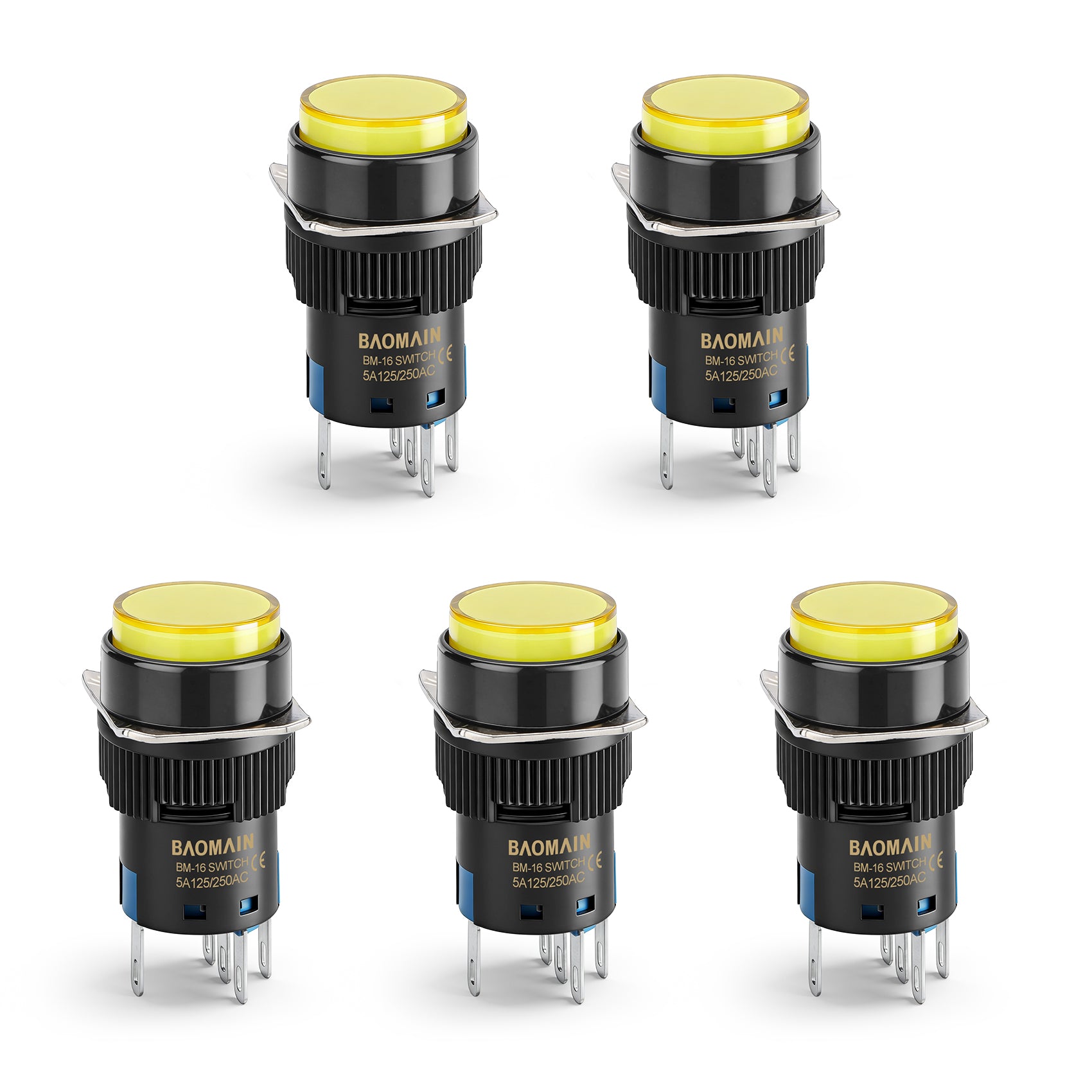 Baomain 16mm Round Momentary Yellow Push Button Switch 12V/24V/110V/220V Yellow LED Lamp SPDT 5 Pin Pack of 5