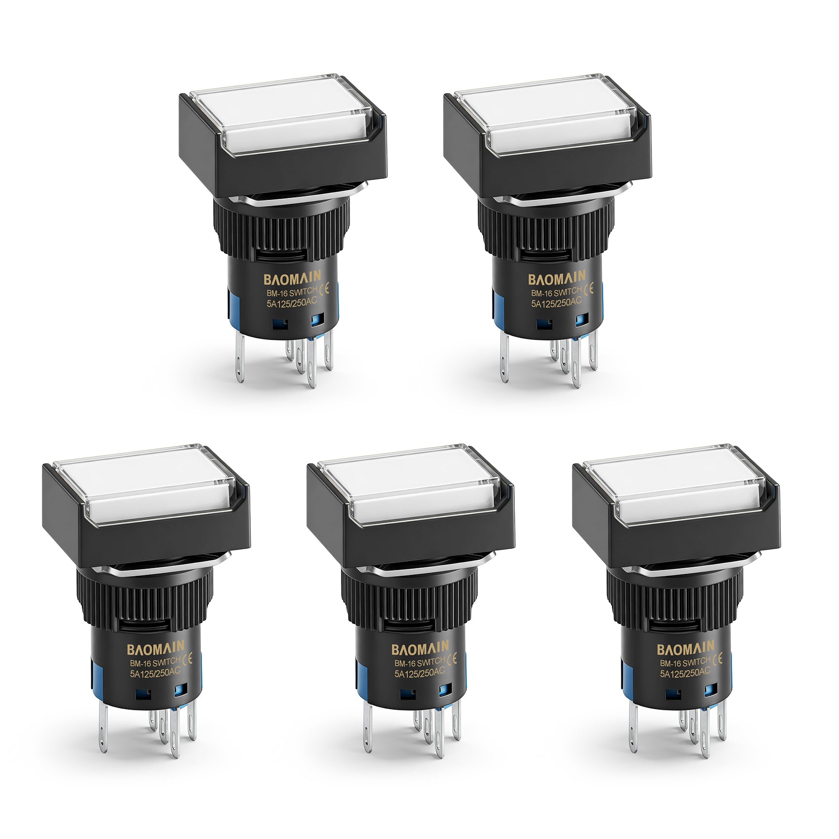 Baomain 16mm White Latching/Maintained Push Button Switch Rectangular Cap White LED Lamp SPDT 5 Pin Pack of 5