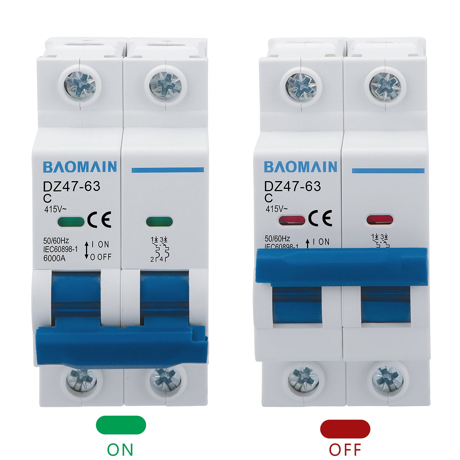 Baomain Miniature Circuit Breaker 2 Pole DZ47-63 C20 AC 415V 20Amp 6000A, DIN Rail Mounting MCB 2P