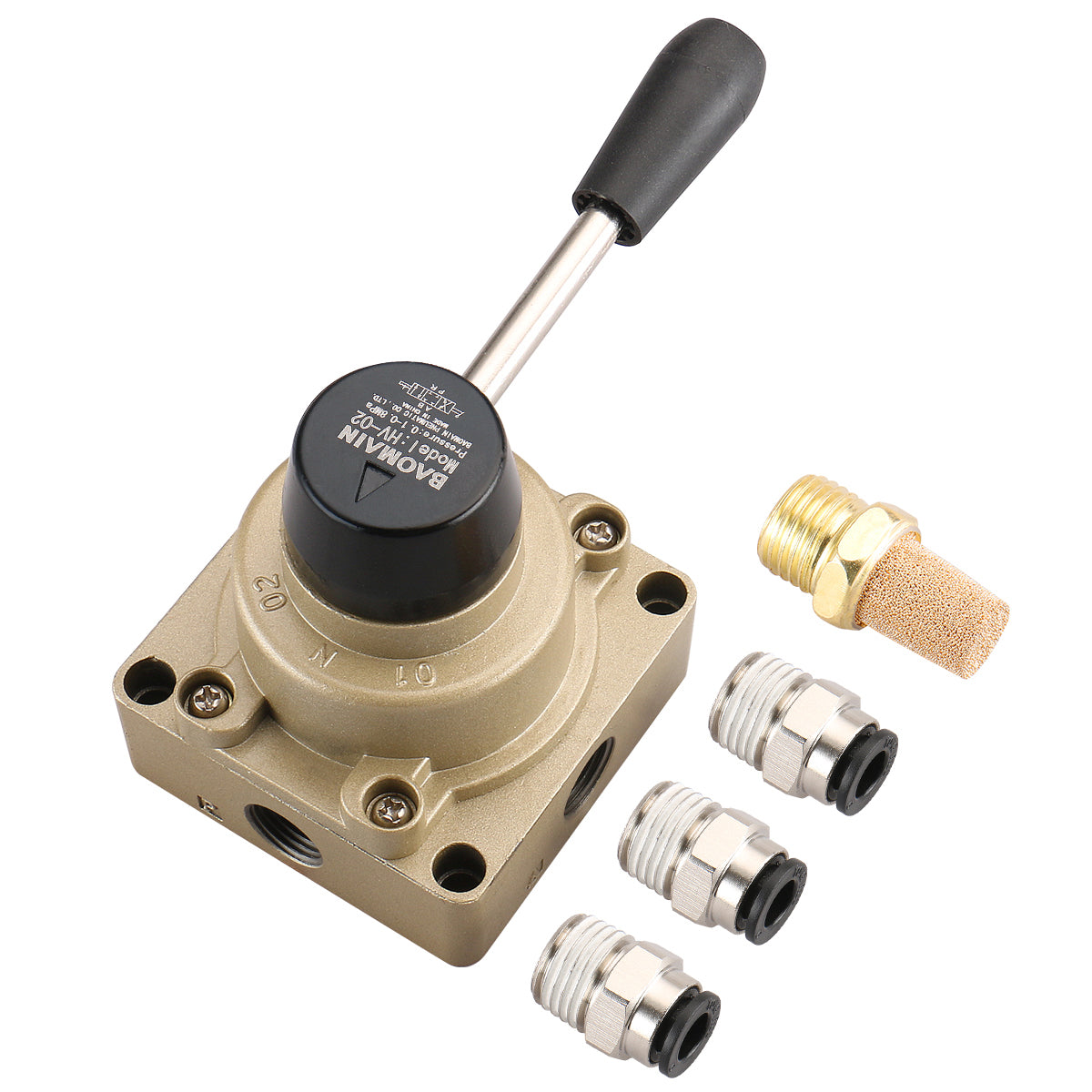 Baomain Rotary Lever Hand Valve HV-02 PT 1/4" Air Flow Control 3 Position 4 Way Controls Air Flow On or Off
