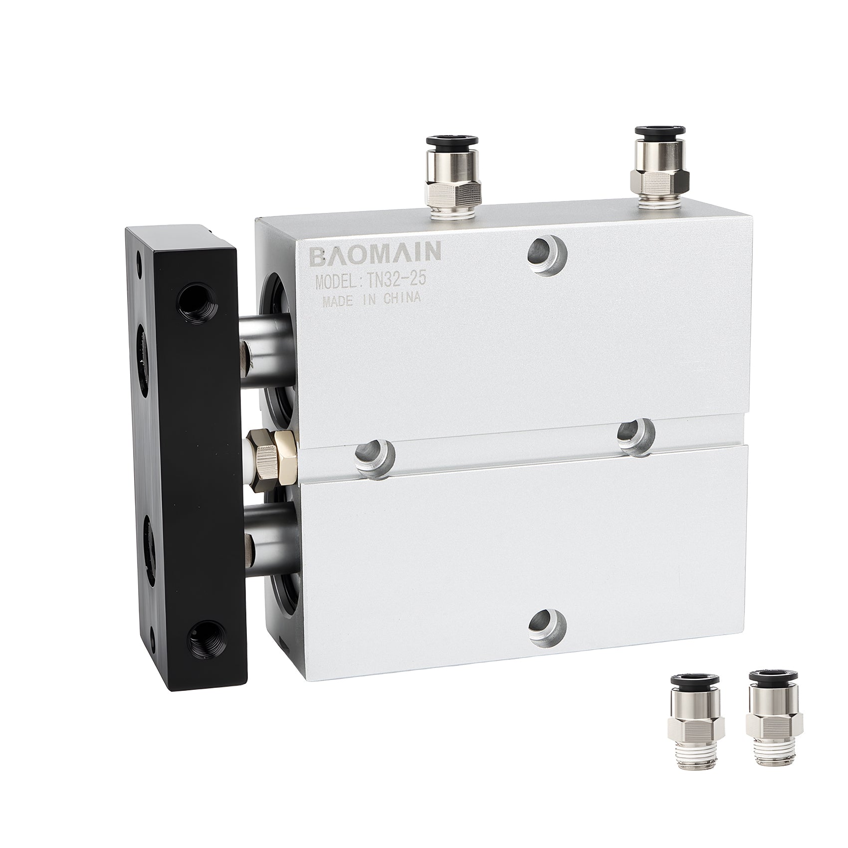 BAOMAIN Pneumatic Air Cylinder TN32-25 32mm Bore, 25mm(1") Stroke Double-Rod Double-Acting Aluminum with 4 Fittings