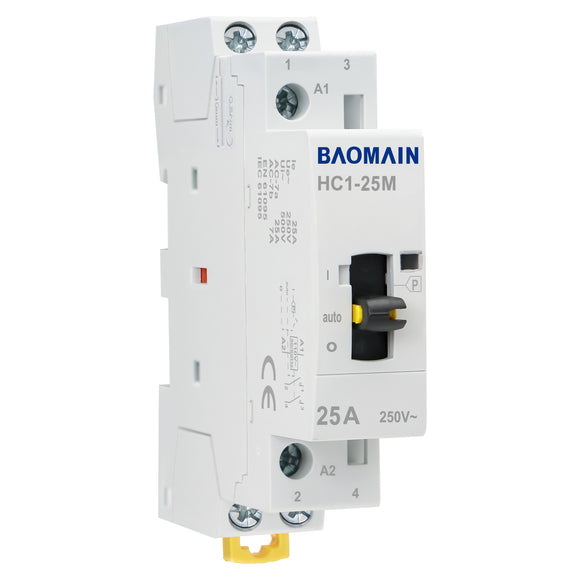 Baomain Manual Household AC Contactor HC1-25M 24V/110V/220VAC 25A 2 Pole 50/60Hz Modular Contactor Circuit Control 35mm DIN Rail