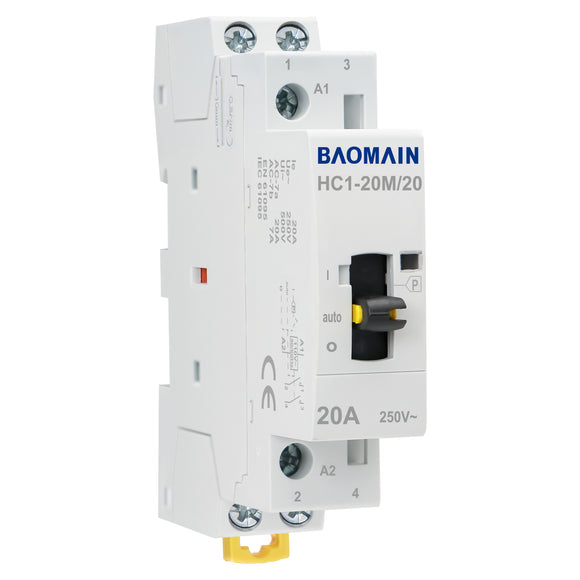 Baomain Manual Household AC Contactor HC1-20M 24V/110V/220VAC 20A 2 Pole 50/60Hz Modular Contactor Circuit Control 35mm DIN Rail