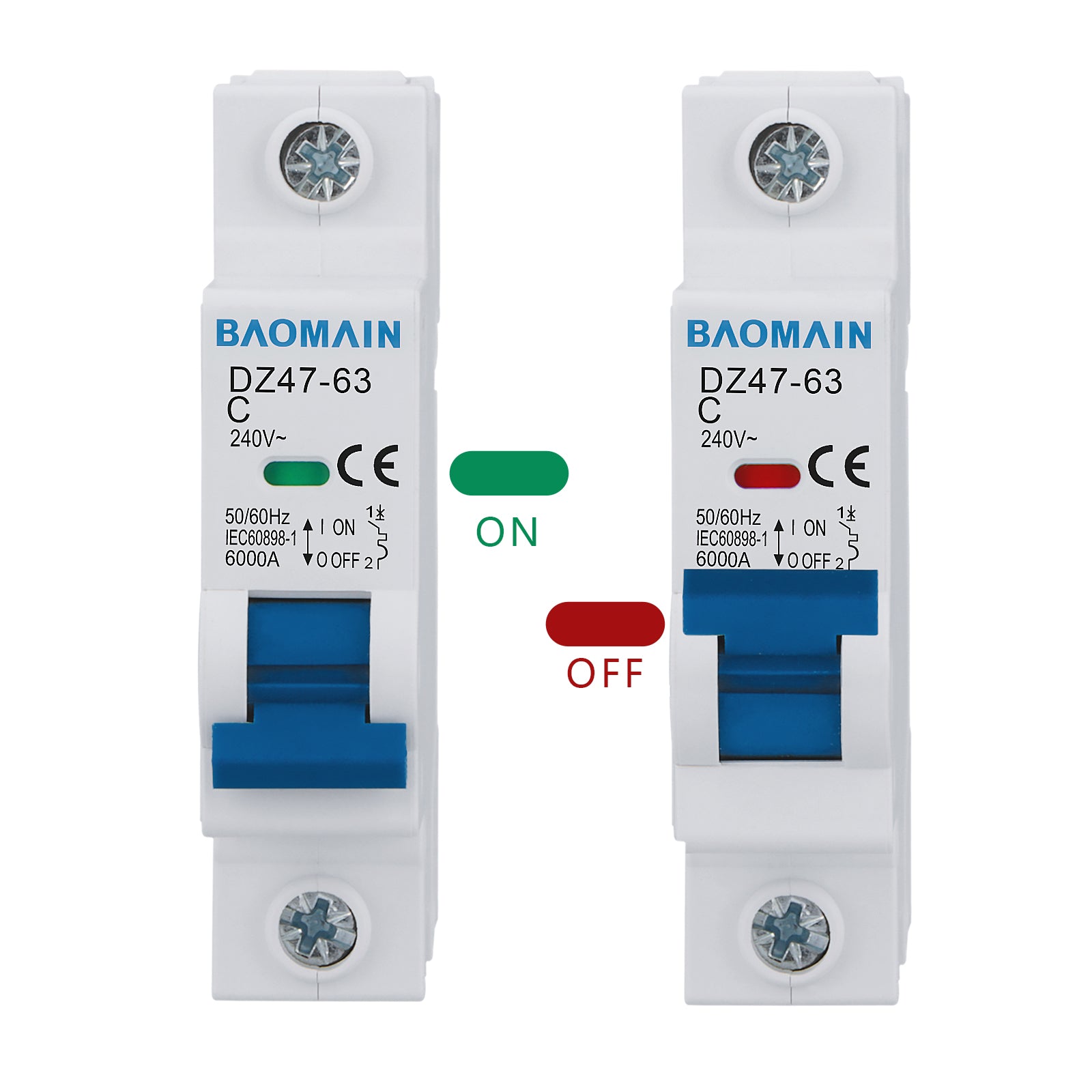 Baomain DZ47-63 1 Pole Miniature Circuit Breaker AC 230V 400V C6/C10/C16/C20/C25A/C32/C40/C50/C63 MCB DIN Rail Mounting MCB Work for Motor Protection and Air Compressor