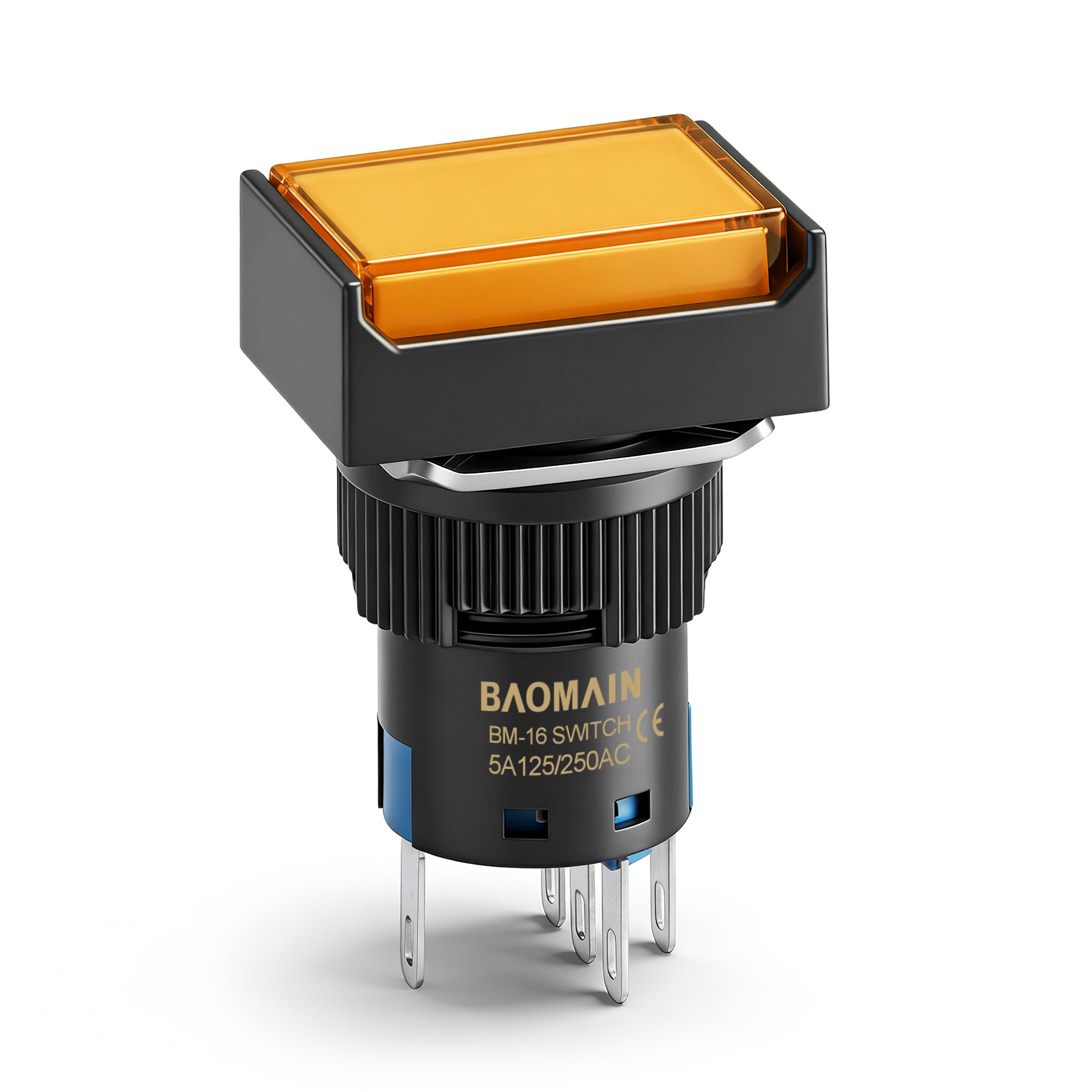 Baomain 16mm Orange Latching/Maintained Push Button Switch Rectangular Cap Orange LED Lamp SPDT 5 Pin Pack of 5