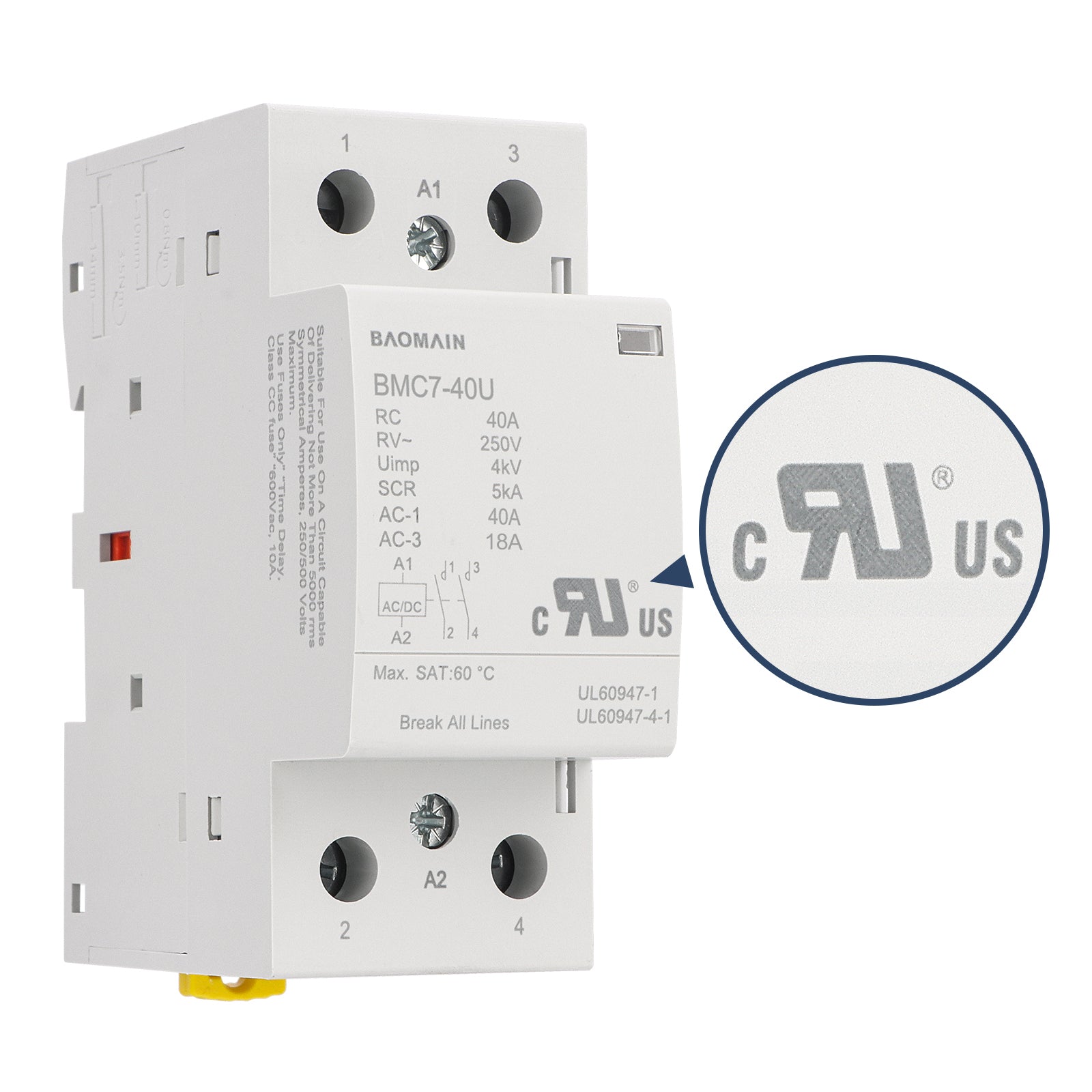 Baomain 2NO AC/DC Household Contactors, 40A 2P Modular Contactor, 2 Poles Normally Open, DIN Rail Mount, UL Listed (BMC7-40U)