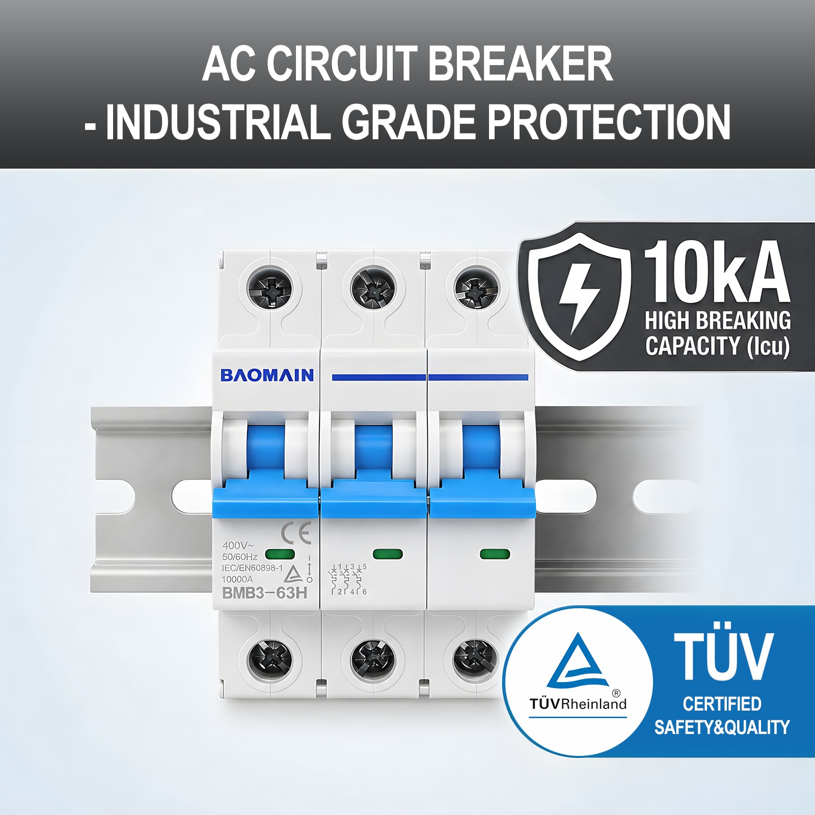 Baomain Mini Circuit Breaker BMB3-63H D63 AC 400V 63Amp 3 Pole DIN Rail Mounting Work for Motor Protection and Air Compressor,TUV