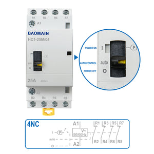 Baomain Manual Household AC Contactor HC1-25M 24V/110V/220VAC 25A 4 Pole 50/60Hz Modular Contactor Circuit Control 35mm DIN Rail