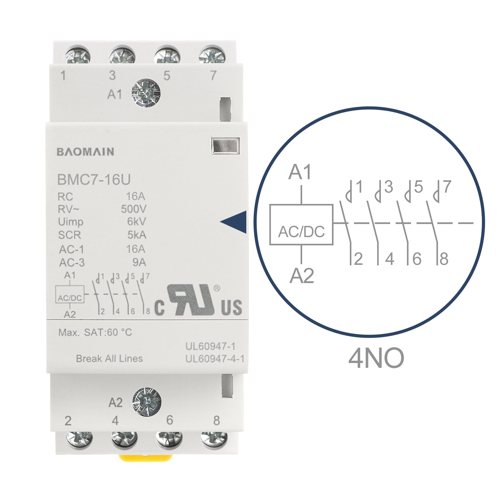 Baomain 4NO AC/DC Household Contactors, 16A 4P Modular Contactor, 4 Poles Normally Open, DIN Rail Mount, UL Listed (BMC7-16U)