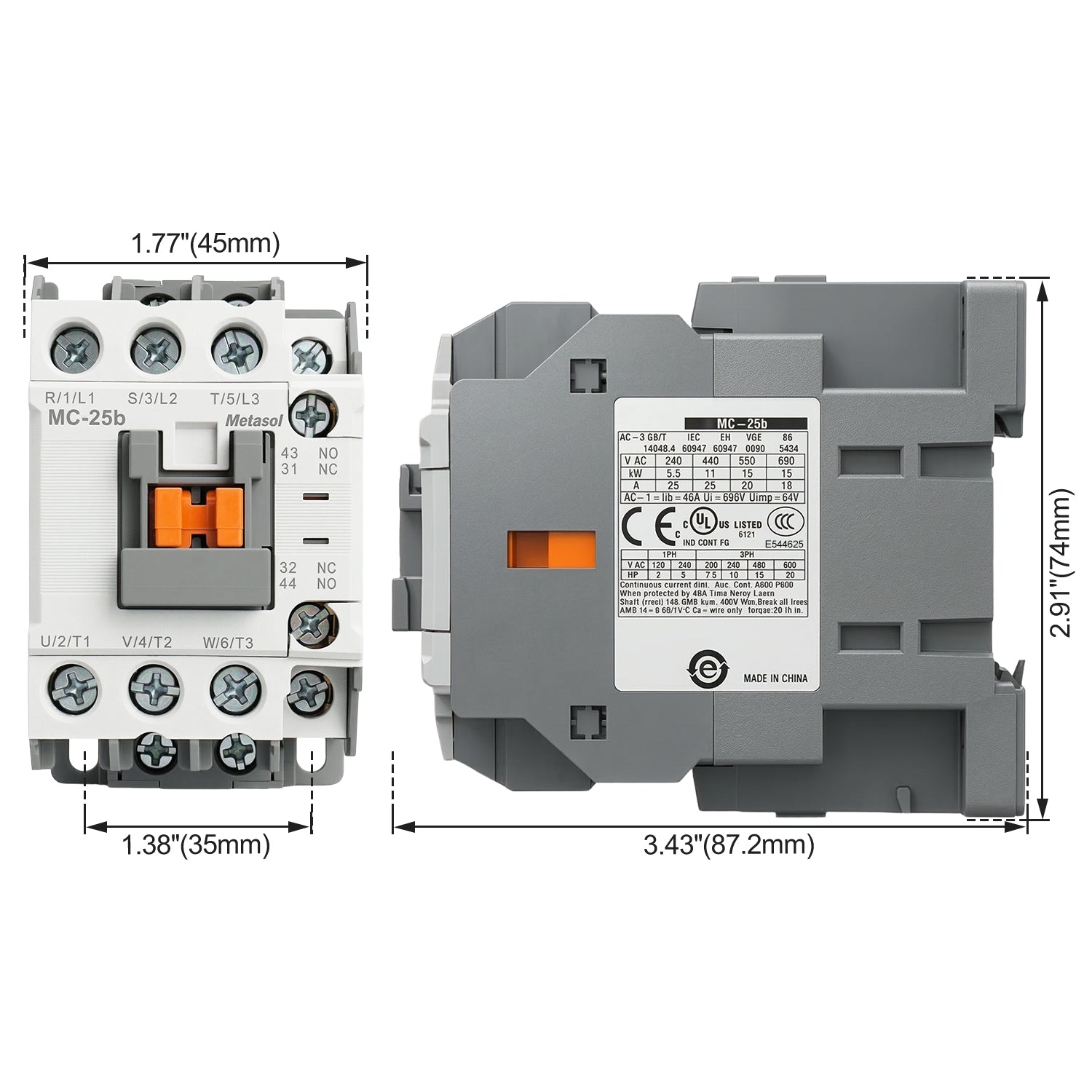 Baomain AC Contactors Industrial Magnetic MC-25b 110VAC/220VAC 50/60Hz 1a1b DIN Rail UL