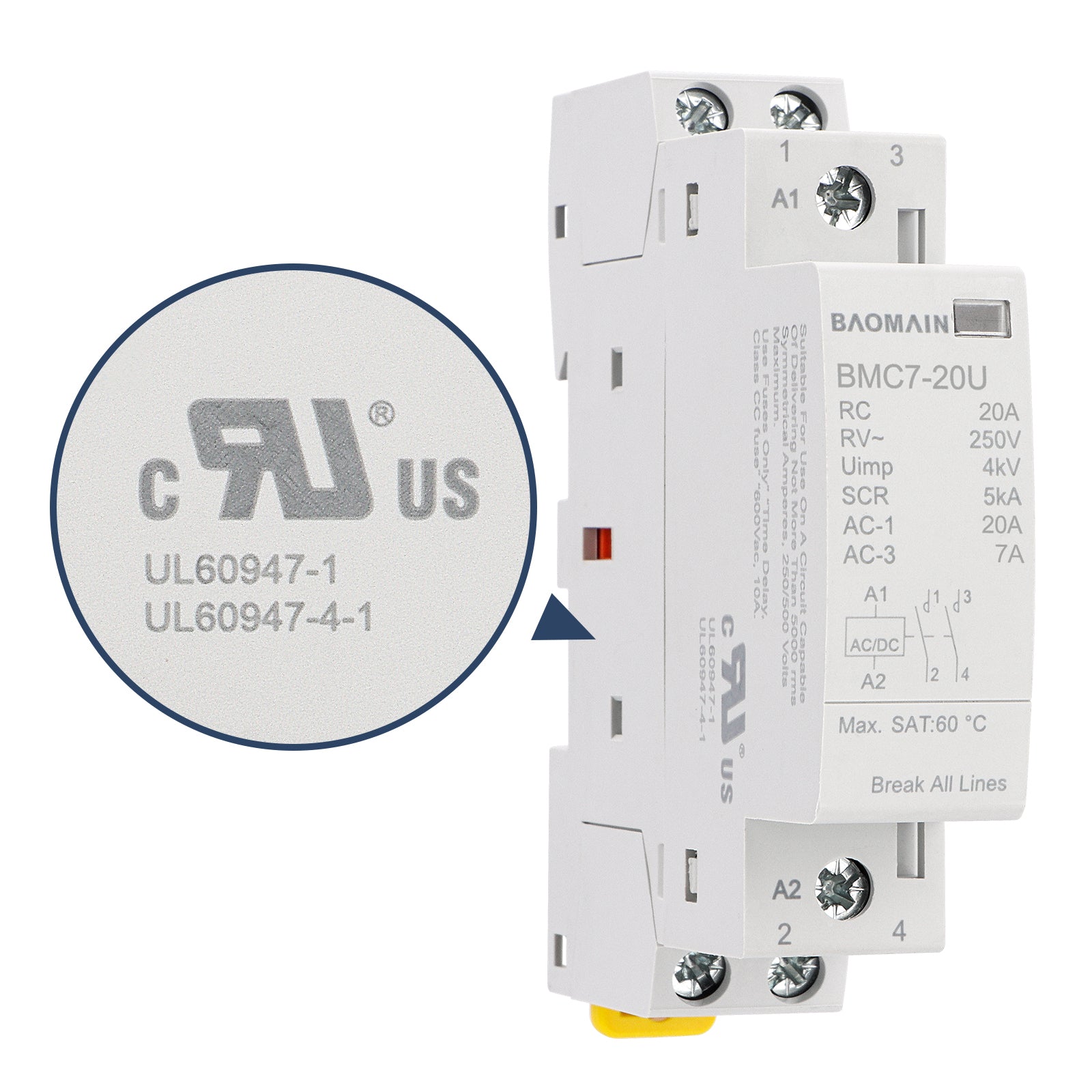 Baomain 2NO AC/DC Household Contactors, 20A 2P Modular Contactor, 2 Poles Normally Open, DIN Rail Mount, UL Listed (BMC7-20U)
