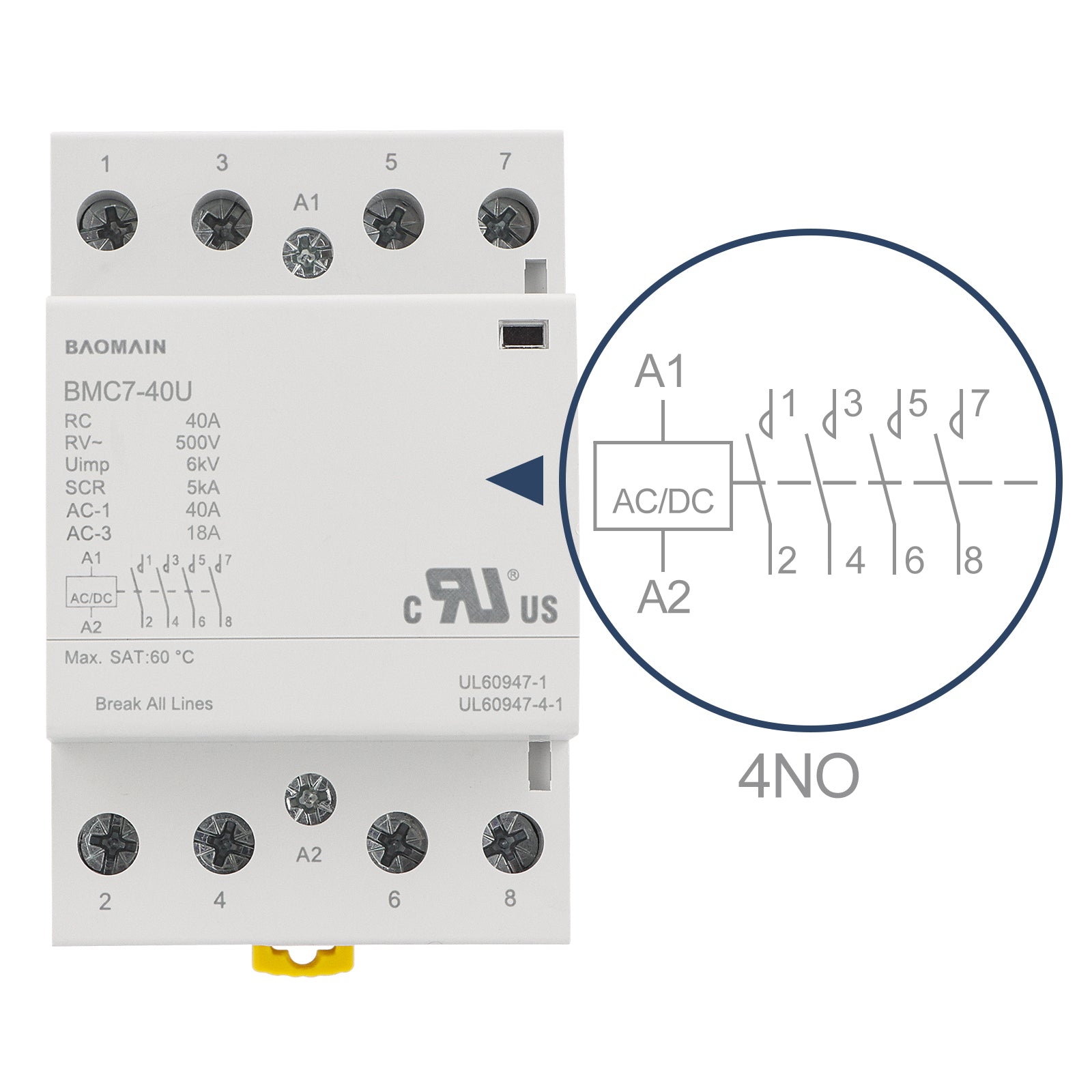 Baomain 4NO AC/DC Household Contactors, 40A 4P Modular Contactor, 4 Poles Normally Open, DIN Rail Mount, UL Listed (BMC7-40U)
