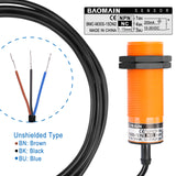 Baomain Capacitive Proximity Sensor, Cylindrical M30 Plastic, SN 15 mm, 3-Wire NPN Output, VDC Input, Normally Closed(NC) Contacts, Cable 2 mm BMC-M30S-15DN2