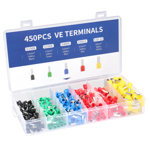 Baomain 450pcs Wire Copper Crimp Connector Kit AWG 16/14/12/10/8 Assorted Insulated Ferrule Pin Cord End Terminal Set Black Red Green Blue Yellow