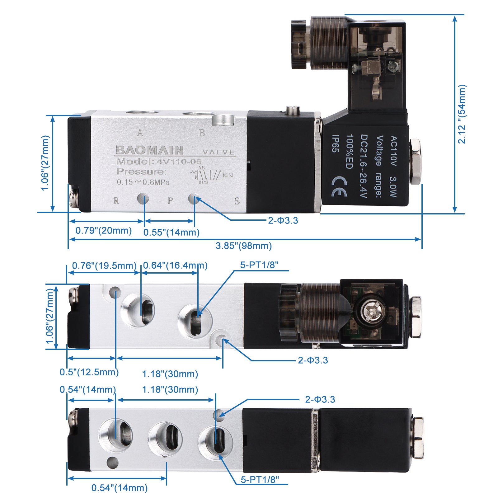 Baomain Pneumatic Solenoid Valve PT 1/8" 4V110-06 12V/24V/110V/220V Single Coil Pilot-Operated Electric 2 Position 5 Way Connection Type