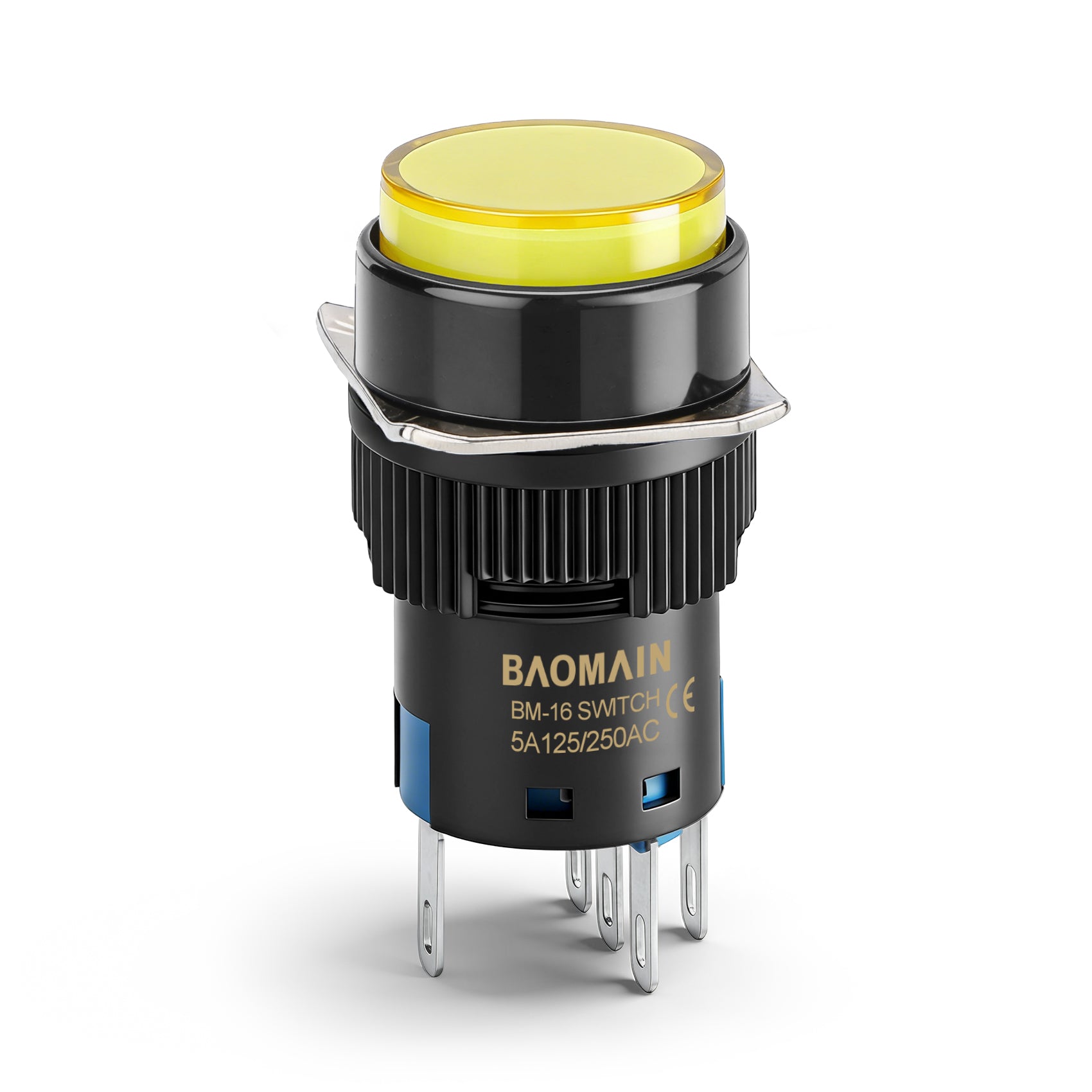 Baomain 16mm Round Momentary Yellow Push Button Switch 12V/24V/110V/220V Yellow LED Lamp SPDT 5 Pin Pack of 5